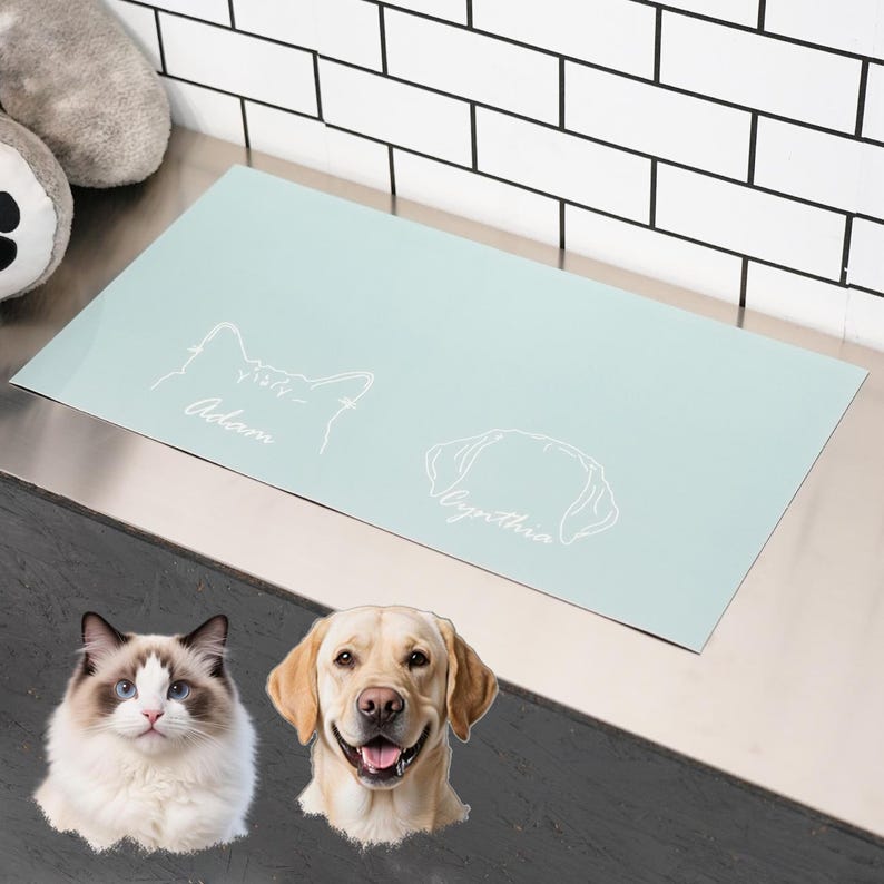 May include: A light blue pet placemat with white line drawings of a cat and dog, each with a name. The cat is labeled "Adam" and the dog is labeled "Cynthia". The placemat is rectangular.