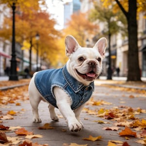 May include: A white French Bulldog wearing a blue denim vest walks on a pavement covered in fallen autumn leaves. The dog is smiling with its tongue out. The background shows a city street with trees and buildings.
