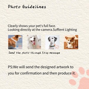 May include: Image with text: "Photo Guidelines" and instructions for pet photos. Includes examples of dog photos with check marks and X marks. Text also says to send the photo through Etsy message.
