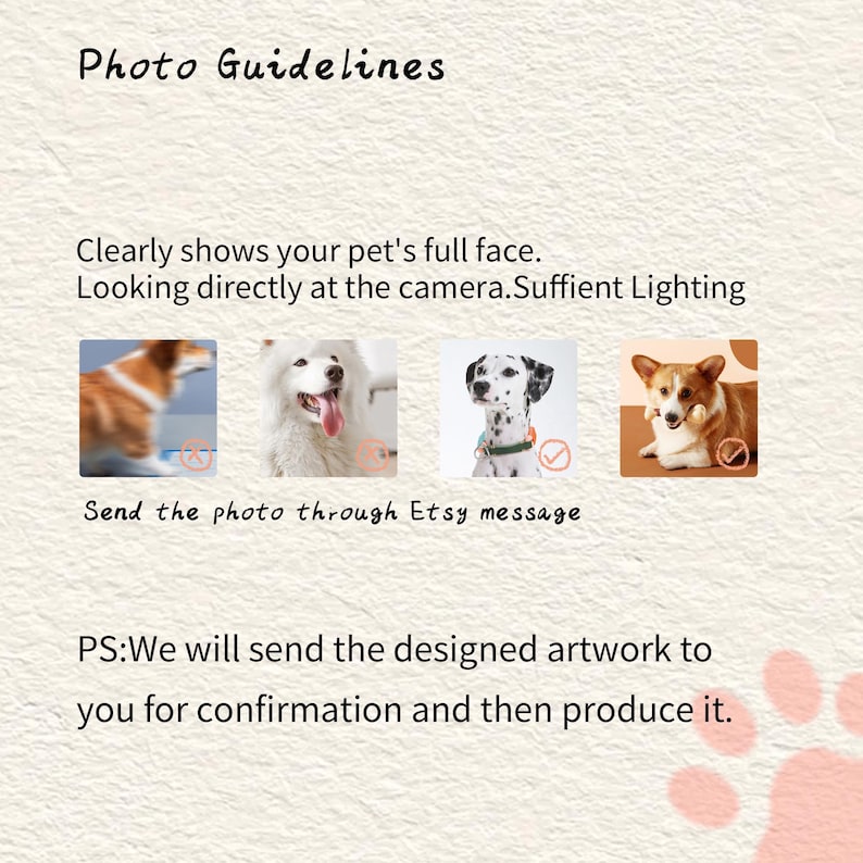 May include: Image with text: "Photo Guidelines" and instructions for pet photos. Includes examples of dog photos with check marks and X marks. Text also says to send the photo through Etsy message.