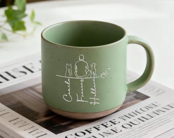 Custom Pet Portrait Engraved Ceramic Mug - Personalized Pet & Owner Back Profile/Names,Memorial Gift for Pet Lover
