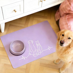 ペットの写真入りカスタム給餌マット（全身線画入り） - 犬猫用ランチョンマット（音波デザイン）、防水・滑り止め、ペットの誕生日プレゼント