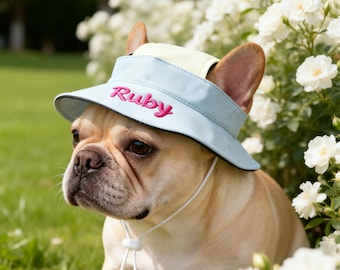 Sombrero de sol tipo cubo para perro bordado a medida, protección solar UPF50+, accesorio de verano ajustable, suave y cómodo, lindo regalo para mascotas.