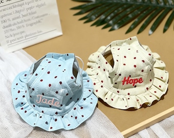 Custom Embroidered Pet Sun Hat & Bandana Set - Hearts Print Style, Breathable Cotton Fisherman Hat with Name, Perfect Gift for Pets
