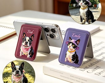 Custom Pet Portrait Magnetic Leather Card Holder, Oil Painting Style Phone Stand, Pet Memorial Gift, Gift for Pet Lovers