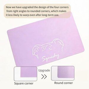 May include: A lavender-colored mat with a white outline of a bear's face and the word "Squishy." The image shows a comparison of square corners to rounded corners, with text indicating design upgrades for long-term use.