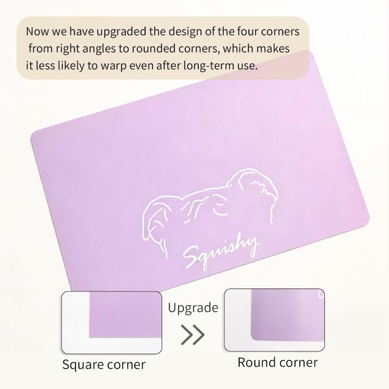 May include: A lavender-colored mat with a white outline of a bear's face and the word "Squishy." The image shows a comparison of square corners to rounded corners, with text indicating design upgrades for long-term use.