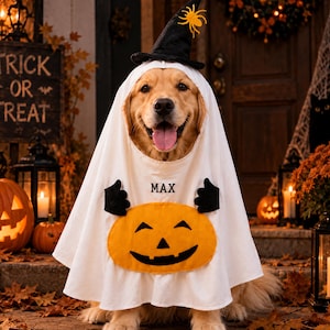 Op de afbeelding: Een golden retriever in een wit spookkostuum met een zwarte heksenhoed met een gele spin, een oranje vilten pompoengezicht in het midden en de naam MAX geborduurd in zwarte draad op het borstgedeelte van de witte stoffen cape.
