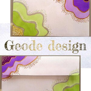 BUSTA DIPINTA A MANO- Onde Geode verde&viola_ cartoleria artistica, busta elegante,envelope art