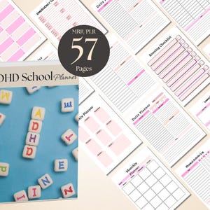 Puede incluir: Un planificador escolar para TDAH con 57 p&aacute;ginas. La portada muestra el t&iacute;tulo y bloques de letras dispersos. El planificador incluye p&aacute;ginas rosas para la planificaci&oacute;n diaria, semanal y mensual, listas de verificaci&oacute;n y registros de actividades.
