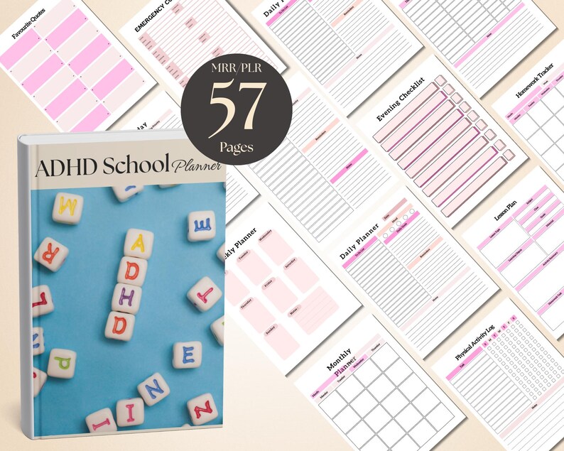 Puede incluir: Un planificador escolar para TDAH con 57 p&aacute;ginas. La portada muestra el t&iacute;tulo y bloques de letras dispersos. El planificador incluye p&aacute;ginas rosas para la planificaci&oacute;n diaria, semanal y mensual, listas de verificaci&oacute;n y registros de actividades.