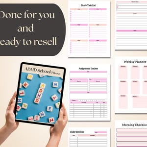 Puede incluir: Una tableta digital que muestra un "ADHD School Planner" con bloques de letras coloridos. La imagen incluye varias p&aacute;ginas de planificador con acentos rosas y melocot&oacute;n, como una lista de tareas de estudio, un rastreador de tareas y un planificador semanal. Tambi&eacute;n es visible el texto "Done for you and ready to resell".