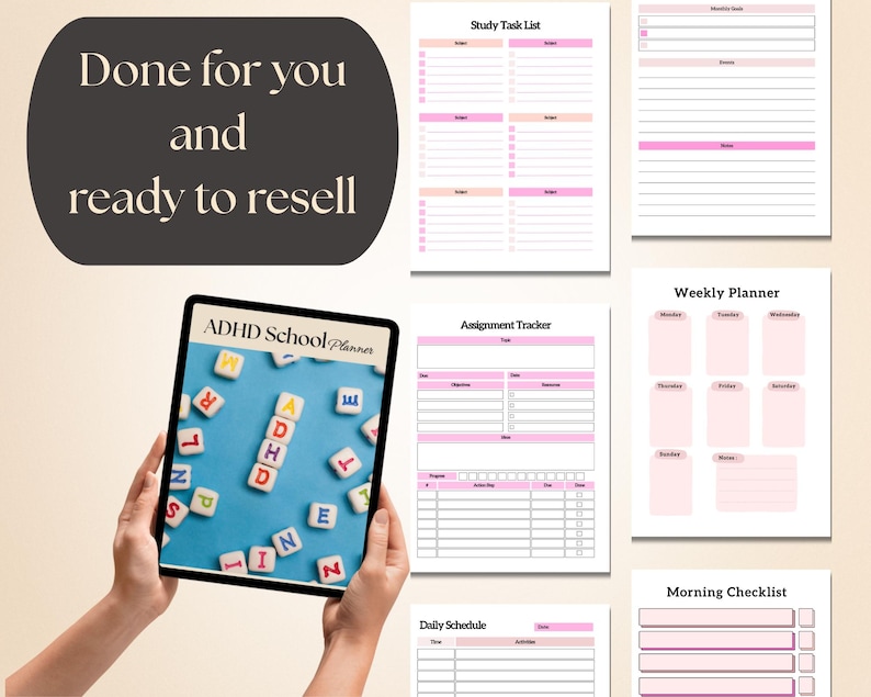 Puede incluir: Una tableta digital que muestra un "ADHD School Planner" con bloques de letras coloridos. La imagen incluye varias p&aacute;ginas de planificador con acentos rosas y melocot&oacute;n, como una lista de tareas de estudio, un rastreador de tareas y un planificador semanal. Tambi&eacute;n es visible el texto "Done for you and ready to resell".