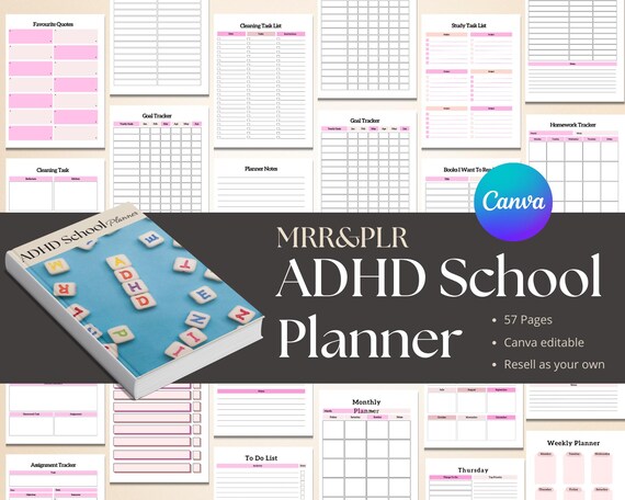 ADHD School planner printable, planner student adhd, Canva planner template, adhd planner PLR, adhd daily planner