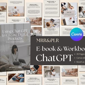 Op de afbeelding: Een e-book en werkboek getiteld "Using Chat GPT to Create Digital Products" met de ondertitel "To Earn Passive Income on Etsy". De cover toont een vrouw en de tekst "The Complete Guide". De afbeelding bevat ook de tekst "MRR & PLR E-book & Workbook ChatGPT."