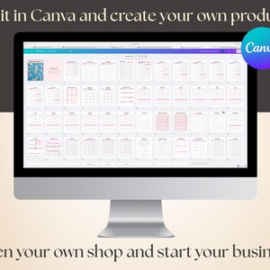 Puede incluir: Un monitor de computadora muestra varias plantillas, con el logotipo de Canva en la esquina superior derecha. Tambi&eacute;n se ve el texto "Edit in Canva and create your own product" y "Open your own shop and start your business".