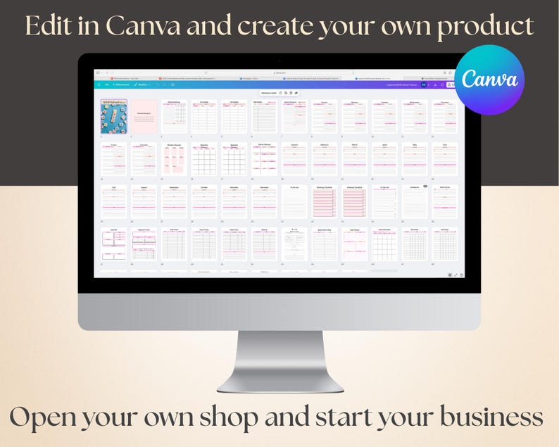 Puede incluir: Un monitor de computadora muestra varias plantillas, con el logotipo de Canva en la esquina superior derecha. Tambi&eacute;n se ve el texto "Edit in Canva and create your own product" y "Open your own shop and start your business".