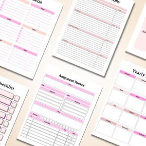 Puede incluir: Una colecci&oacute;n de p&aacute;ginas de planificador imprimibles con acentos rosas y melocot&oacute;n. Las p&aacute;ginas incluyen una lista de tareas, inventario, seguimiento de tareas y planificador anual. Los dise&ntilde;os est&aacute;n dise&ntilde;ados para la organizaci&oacute;n y la planificaci&oacute;n.