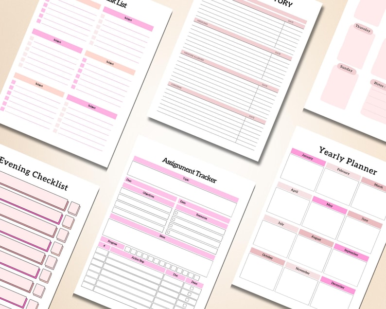 Puede incluir: Una colecci&oacute;n de p&aacute;ginas de planificador imprimibles con acentos rosas y melocot&oacute;n. Las p&aacute;ginas incluyen una lista de tareas, inventario, seguimiento de tareas y planificador anual. Los dise&ntilde;os est&aacute;n dise&ntilde;ados para la organizaci&oacute;n y la planificaci&oacute;n.