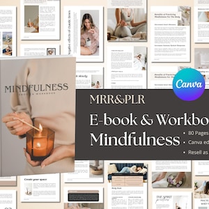 May include: An ebook and workbook titled "Mindfulness" with a person holding a lit candle. The cover features the title in a serif font. The image also includes pages with text and images, and the Canva logo.