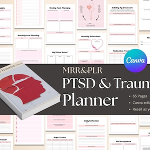 May include: A planner titled "PTSD & Trauma Planner" with a red graphic of a broken head on the cover. The planner includes pages for habit tracking, goal planning, and mood tracking. The text "Canva editable" is also visible.