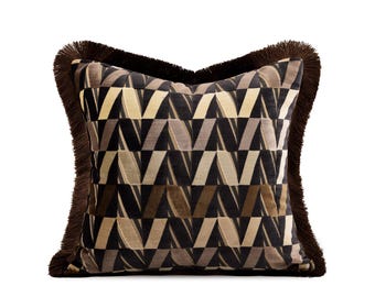 Brown Cut Velvet Tassel Pillow Cover, Vintage Geometric Throw Pillow for Sofa, Bed