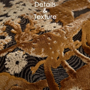 May include: Close-up of a textured fabric with a detailed pattern. The design features a repeating motif of deer in shades of brown and cream against a black and grey background. The text "Details & Texture" is visible.