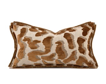 Brown Cut Velvet Lumbar Pillow Cover, Abstract Decorative Pillow, Designer Fabric(12*20")
