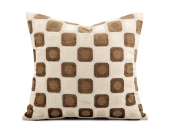 Beige Brown Plaid Pillow Cover, Cut Velvet Throw Cushion, Retro Modern Home Decor