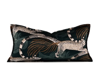Leopard velvet lumbar pillow cover, European designer fabric, moody tropical botanical, luxe accent