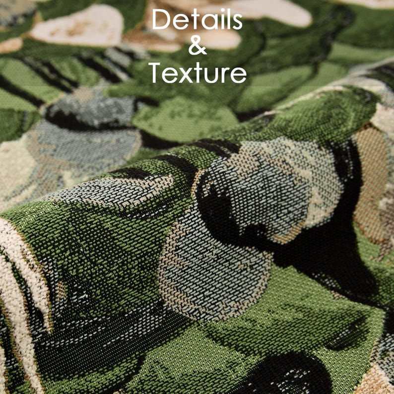 May include: Close-up of a textured fabric with a camouflage pattern in shades of green, black, and gray. The words "Details & Texture" are printed in white at the top. The fabric appears to be woven with a detailed, repeating design.