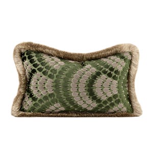 May include: A rectangular decorative pillow with a green and gray pattern, framed by a tan fringe. The pillow's design features a repeating pattern of overlapping shapes, creating a textured appearance. The pillow is designed for home decor.