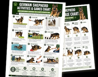 May include: Two informational posters featuring German Shepherd dogs. The left chart lists 12 activities and games, while the right chart serves as a behavior guide. Both include text, numbered lists, and photographs of German Shepherds.