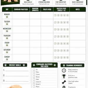 Carnet de suivi d'éducation canine à imprimer, Programme de soins pour nouveau chien, Programme d'éducation canine hebdomadaire, Journal des étapes importantes de l'animal, Carnet de toilettage, Téléchargement instantané