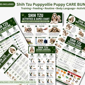 Könnte beinhalten: Eine Sammlung von sechs druckbaren Leitfäden für Shih Tzu-Welpen. Das Bundle enthält Diagramme für Tagesabläufe, Aktivitäten, Training, Körpersprache und Fütterung. Die Leitfäden enthalten Illustrationen und Text mit dem Wort "Shih Tzu".