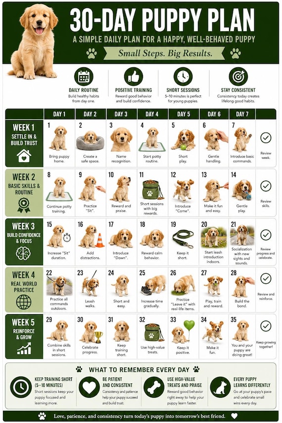 30 Day Puppy Training Plan, New Puppy Routine Chart, Day by Day Puppy Schedule, Dog Obedience Planner, Printable Puppy Care Guide PDF