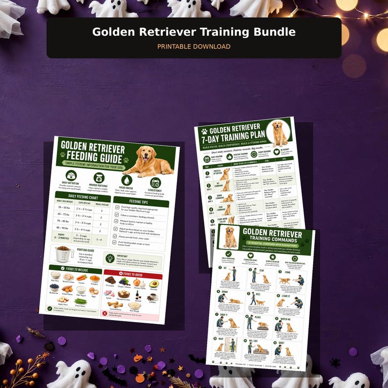 May include: A Golden Retriever training bundle featuring three printable documents: a feeding guide, a 7-day training plan, and a training commands sheet. Each page includes text, illustrations of Golden Retrievers, and instructional charts.