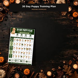 May include: A 30-day puppy training plan printable download featuring a green and white grid layout with daily tasks, puppy illustrations, and the text 30-Day Puppy Plan, A Simple Daily Plan for a Happy, Well-Behaved Puppy, Small Steps, Big Results.