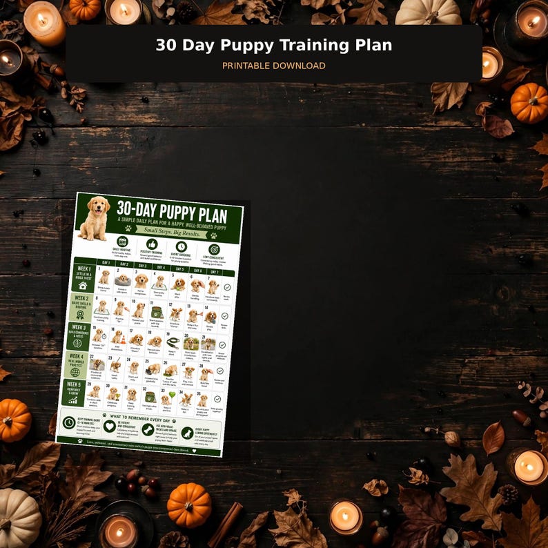 May include: A 30-day puppy training plan printable download featuring a green and white grid layout with daily tasks, puppy illustrations, and the text 30-Day Puppy Plan, A Simple Daily Plan for a Happy, Well-Behaved Puppy, Small Steps, Big Results.