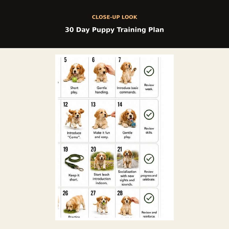May include: A 30 Day Puppy Training Plan chart featuring numbered daily tasks from 5 to 28. Each square includes a photograph of a golden-colored puppy, a brief instructional text, and a checkmark icon for tracking progress.