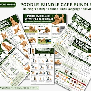 May include: A set of six printable guides for Poodle care, covering training, feeding, routine, body language, and activities. Each guide features illustrations and text, focusing on dog care and enrichment. The guides are 21.6 x 27.9 cm.