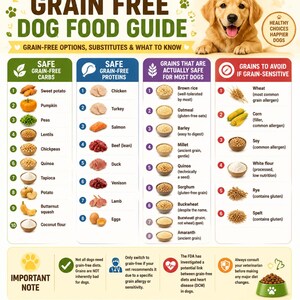 May include: An informational infographic titled Grain Free Dog Food Guide featuring a golden retriever puppy. It lists safe grain-free carbohydrates, proteins, grains safe for most dogs, and grains to avoid, with an important note section at the bottom.