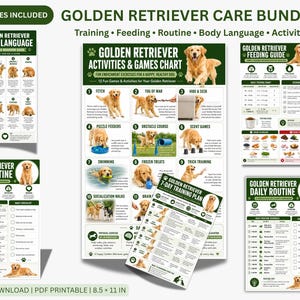 Peut inclure: Un ensemble de soins pour Golden Retriever avec 7 imprimables. Comprend des tableaux pour le langage corporel, les activités, l'alimentation et les routines quotidiennes. Le lot comprend également un plan d'entraînement de 7 jours.