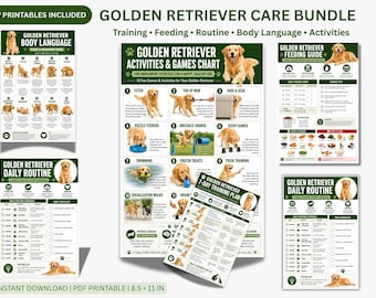 Golden Retriever Trainingskommandos zum Ausdrucken, Hundetrainingsanleitung, Futtertabelle, Tagesablauf, Körpersprache, Hundepflege Poster Set