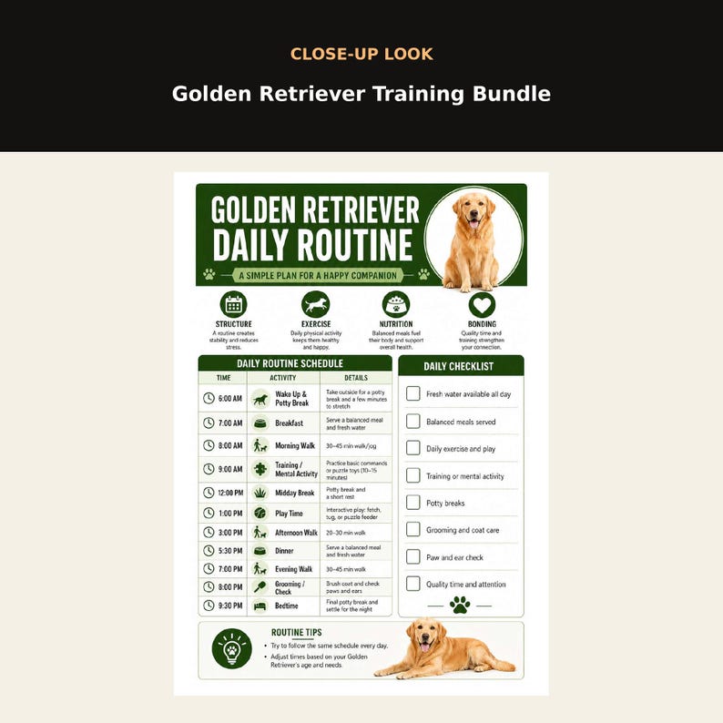 May include: A Golden Retriever daily routine chart featuring a green and white color scheme. The document includes a schedule from 6:00 AM to 9:30 PM, a daily checklist, and tips for dog care. It displays two images of a Golden Retriever and text titled Golden Retriever Daily Routine, A Simple Plan for a Happy Companion.