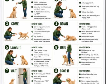May include: A white informational poster titled Puppy Training Commands featuring a golden retriever puppy and ten numbered instructional sections. Each section includes a small illustration of a person training a puppy and text explaining how to teach commands like Sit, Stay, Come, Down, Leave It, Heel, Wait, Drop It, Look At Me, and Quiet.