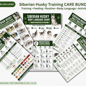 Op de afbeelding: Een bundel van zes afdrukbare gidsen voor het trainen van Siberische husky's, inclusief voeding, routine, lichaamstaal en activiteiten. De gidsen bevatten tabellen, diagrammen en trainingstips.
