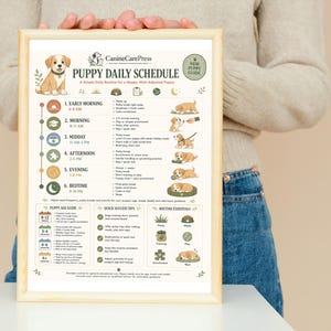 May include: A framed print titled Puppy Daily Schedule by CanineCarePress. The chart features a light-coloured puppy illustration, a six-part daily routine timeline from early morning to bedtime, a puppy age guide, quick access tips, and icons.