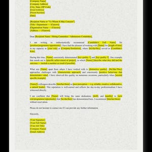 May include: A professional letter of recommendation template on a white page with black text. The document includes placeholders in yellow brackets for contact information, candidate details, and specific professional achievements.