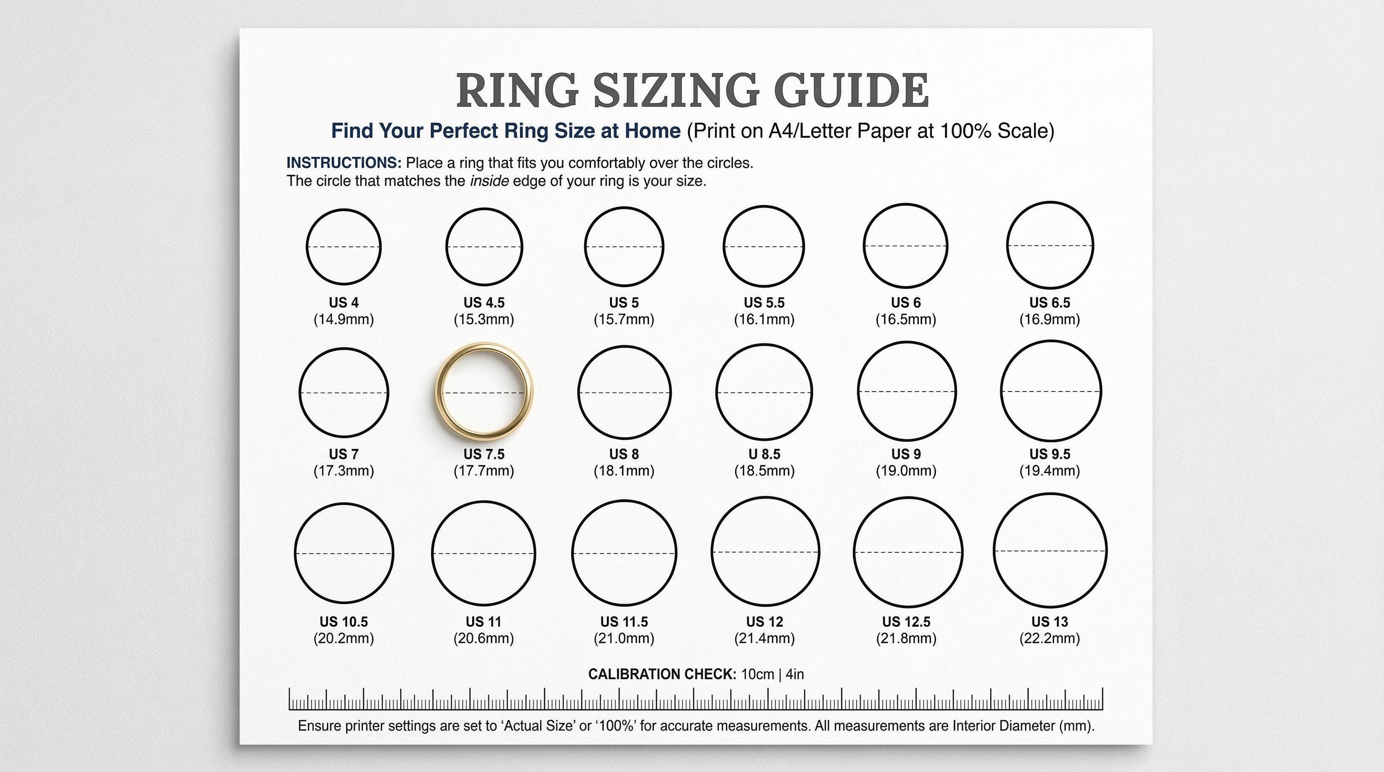 Ring Size Measure Table Printable Ring Sizer | Ring Size Chart Printable | Ring Measurement ...